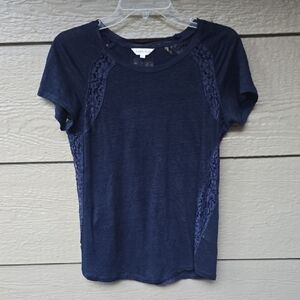 Rebecca Taylor Navy Blue Short Sleeve linen Knit Lace Trim Tee XS